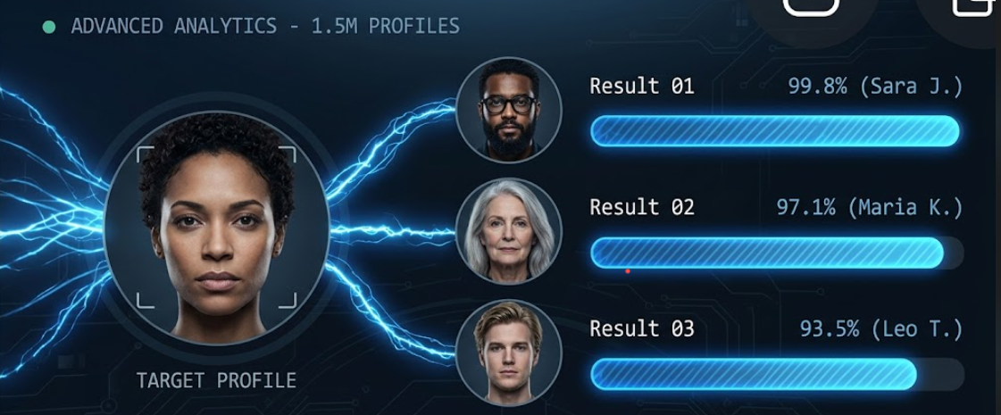 1:N face search returning ranked matches with similarity scores