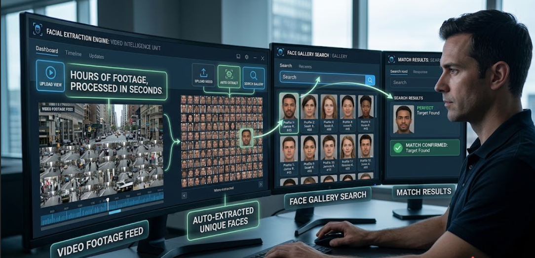 Operator reviewing hours of footage with auto-extracted faces